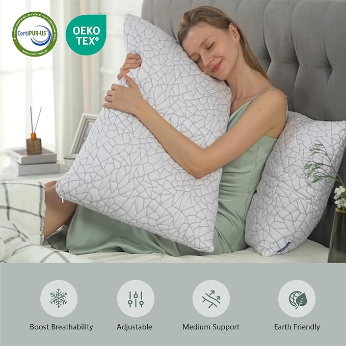 BPC Premium Rayon Derived from Bamboo Firm Pillows Queen Size Set of 2 - Hypoallergenic Shredded Memory Foam Pillows with Removable Cover Bed Pillows for Side Stomach and Back Sleepers, CertiPUR-US