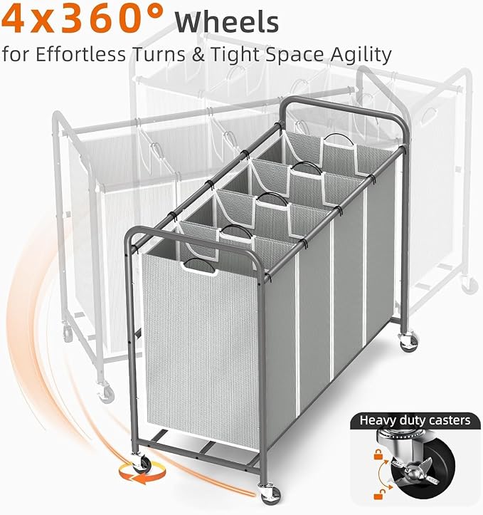 ROMOON Laundry Hamper Sorter Cart, 4-Section Organizer with Lockable Wheels | Heavy-Duty 180L Rolling Laundry Basket with Removable Bags for Dirty Clothes in Laundry Room or Small Spaces, Gray