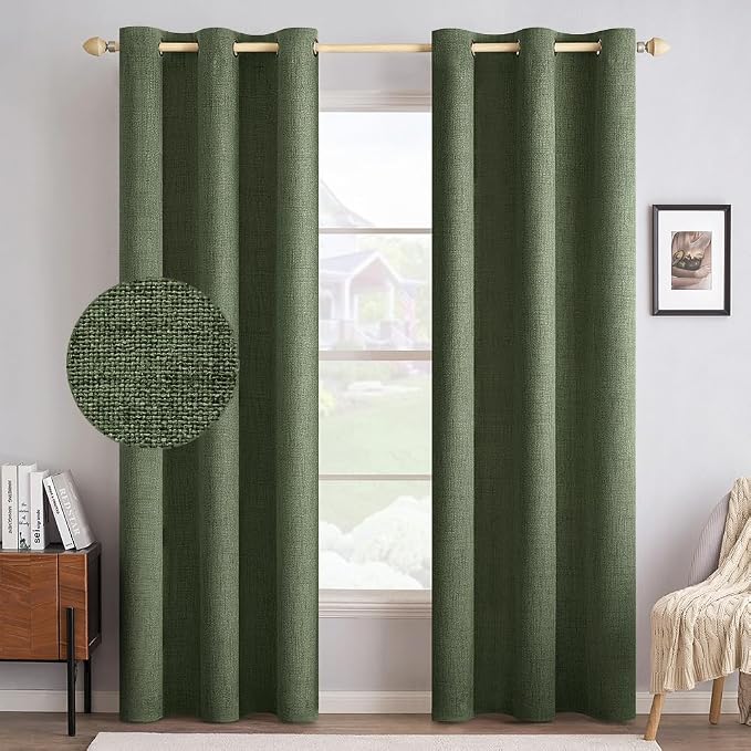 MIULEE 100% Blackout Linen Curtains for Bedroom 42x90 Inches Olive Green | Room Darkening, Light Blocking, Thermal Insulated, Grommet Top, Linen Textured, Window Curtains for Living Room, 2 Panels