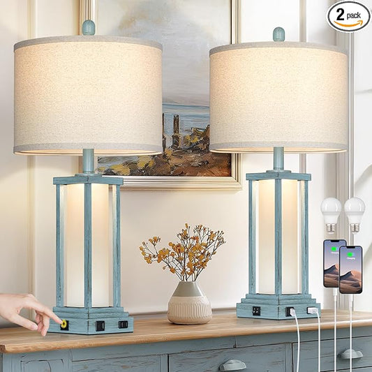 Cinkeda 27" Tall Vintage Table Lamp Set of 2 with USB C+A & Outlet,Nightstand Lamp for Living Room,Coastal Bedside Lamps with Frosted Glass Night Light for Bedroom Entryway,Blue