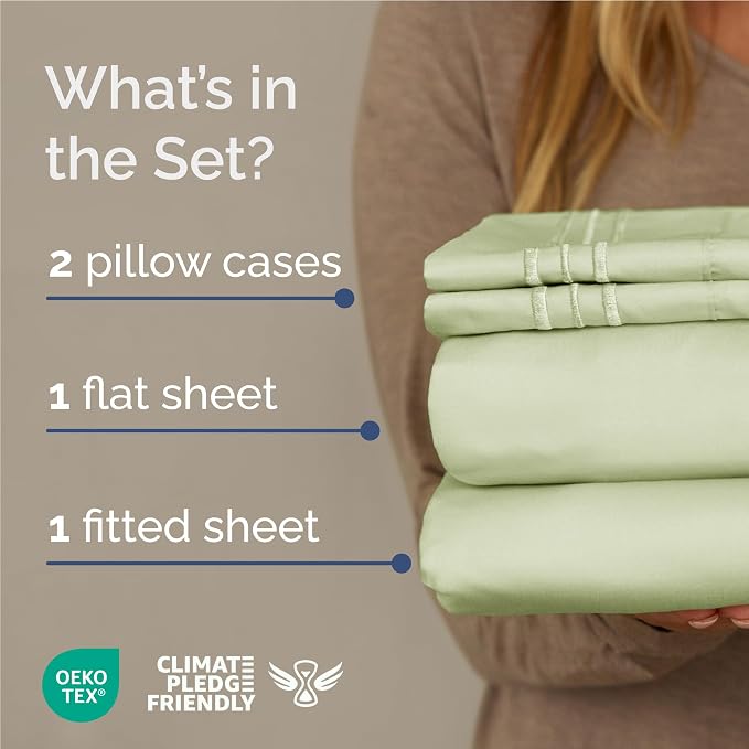 Full Size 4 Piece Sheet Set - Comfy Breathable & Cooling - Light Sage Green | Hotel Luxury Bed Sheets for Women & Men, Deep Pockets, Easy-Fit, Extra Soft and Wrinkle Free Sheets, Oeko-Tex Bed Sheet Set