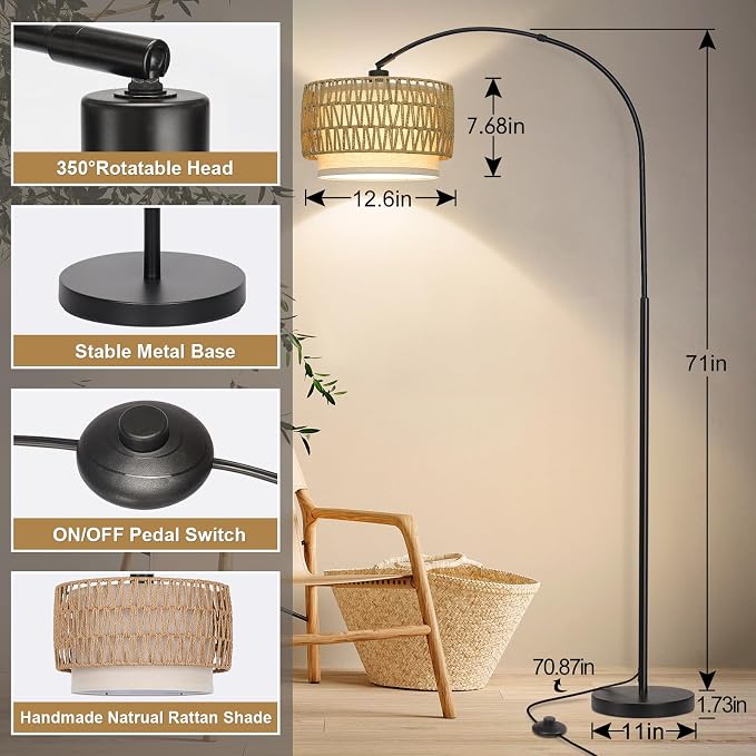 Rattan Floor Lamp, Arc Floor Lamps for Living Room, Farmhouse Standing Lamp with Adjustable Hanging Fabric Shade, Tall Pole Lamp with Foot Switch, Over Couch Arched Reading Light for Bedroom, Office