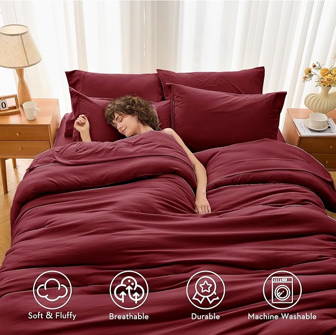 7 Pieces Oversized King Comforter Set, Soft Bed in a Bag Oversized King Size, All Season Bedding Set with Comforter, Flat Sheet, Fitted Sheet, Pillowcases & Shams, Burgundy Red