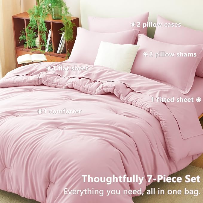 Queen Comforter Set Pink, 7 Pieces Bed in a Bag | OEKO-TEX Certified, All-Season, Bedroom, 240GSM Down Alternative Comforter, Flat & Fitted Sheets, 2 Pillowcases & 2 Shams