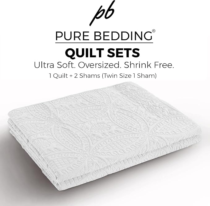 Pure Bedding Quilt Set King/Cal King/California King Size White - Oversized Bedspread - Soft Microfiber Lightweight Coverlet for All Season - 3 Piece Includes 1 Quilt and 2 Shams, Geometric Pattern