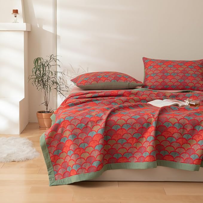 100% Cotton Muslin Blanket Jacquard Rustic Mermaid Fish Scales Print Quilt, Soft Bed Cover Reversible Bedspread Coverlet Breathable Lightweight Bedding Full/Queen(78"x94"), No Pillow Sham