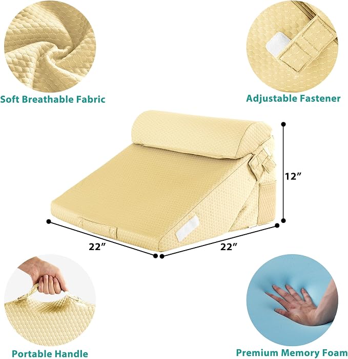 Adjustable 3pcs Bed Wedge Pillow Set, Memory Foam Wedge Pillows Post Surgery for Back, Neck, Leg Pain Relief, Pillow Wedge for Sleeping, Sitting up in Bed, Acid Reflux and GERD, Beige Yellow