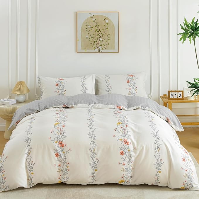OAITE Twin Duvet Cover Set 3pcs 100% Cotton with Wildflower Stripe | Floral Pattern,Soft, Breathable,Long-lasting,Comfort,Hidden Zipper,8 Corner Ties,Easy Care for All Season