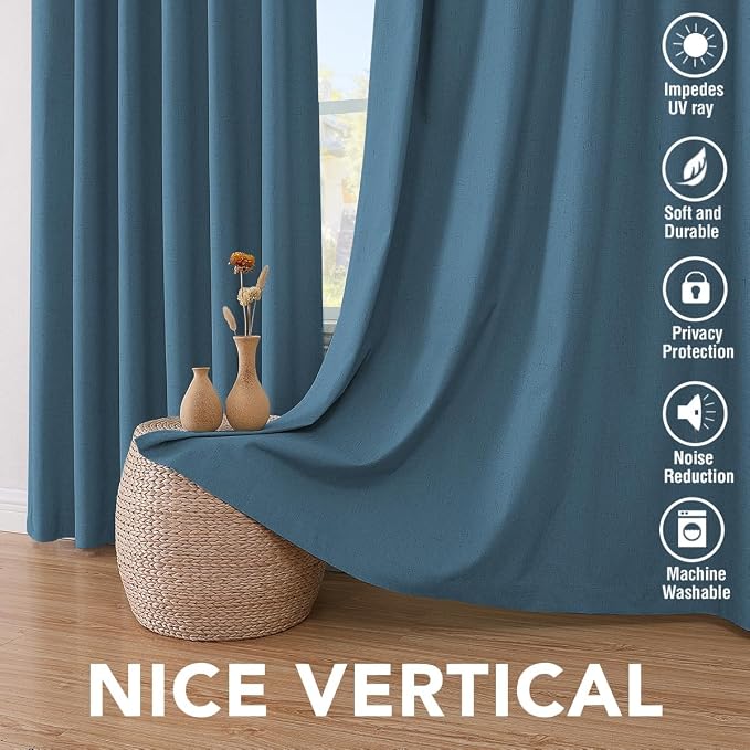 H.VERSAILTEX Linen Curtains 100% Blackout Curtains for Bedroom 90 inch Long Full Light Blocking Nature Linen Blended Window Curtains for Living Room Nickel Grommet (2 Panels, Blue Sapphire)