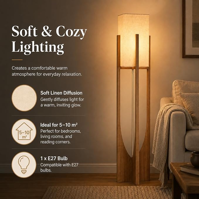 Farmhouse Style Floor Lamp,57 Inch,for Living Room | Natural Wood Frame,Linen Lampshade,Soft Ambient Glow,3000K Warm Light,Suit for Couch Bedroom,Boho Decor