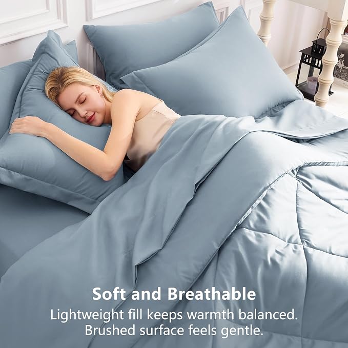 Full Size Comforter Sets Dusty Blue - 7 Pieces Complete Bedding Set | OEKO-TEX Certified, All Season, 240GSM Down-Alternative Comforter, Sheets, Pillowcases & Shams, 14" Deep Pocket, Easy Care