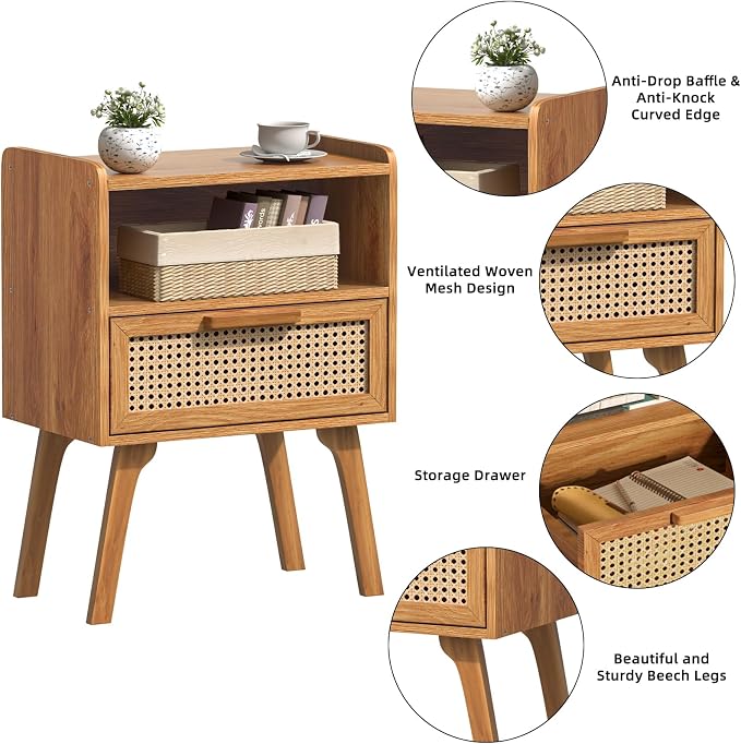 Lerliuo Rattan Nightstands Set of 2, Side Table with Drawer | Bedside End Table with Solid Wood Legs, Mid Century Modern Night Stand for Bedroom, Dorm and Small Spaces (Tea Brown)