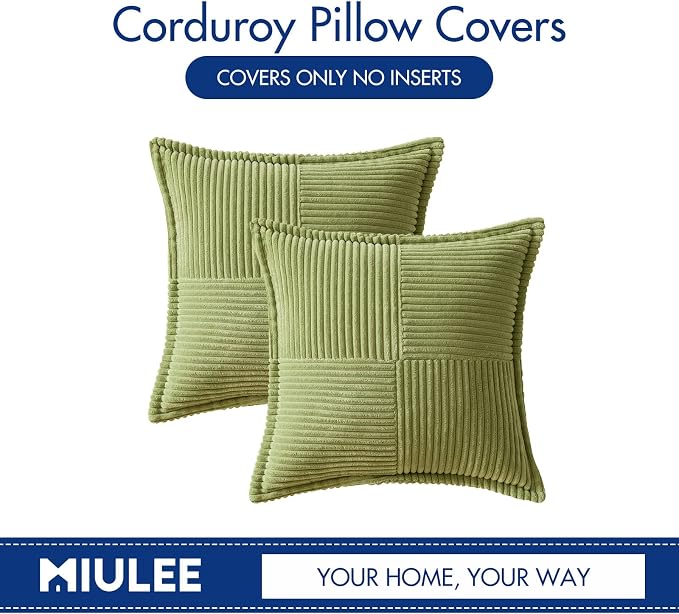 MIULEE Decorative Throw Pillow Covers for Couch 18x18 Inch Green 2 Pack | Boho Broadside Striped Patchwork Pillow Covers, Soft Corduroy Cushion Cases, For Sofa Bed Livingroom Home Decor