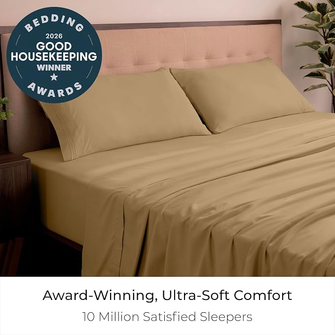 Mellanni Iconic 4-Piece, Ultra Soft Sheet Set (King, Gold) | 10M+ Sleepers. Lab-tested: Sleeps Cool, Stays Bright, Strong, Smooth. Good Housekeeping Best Bedding, 7 yrs running.