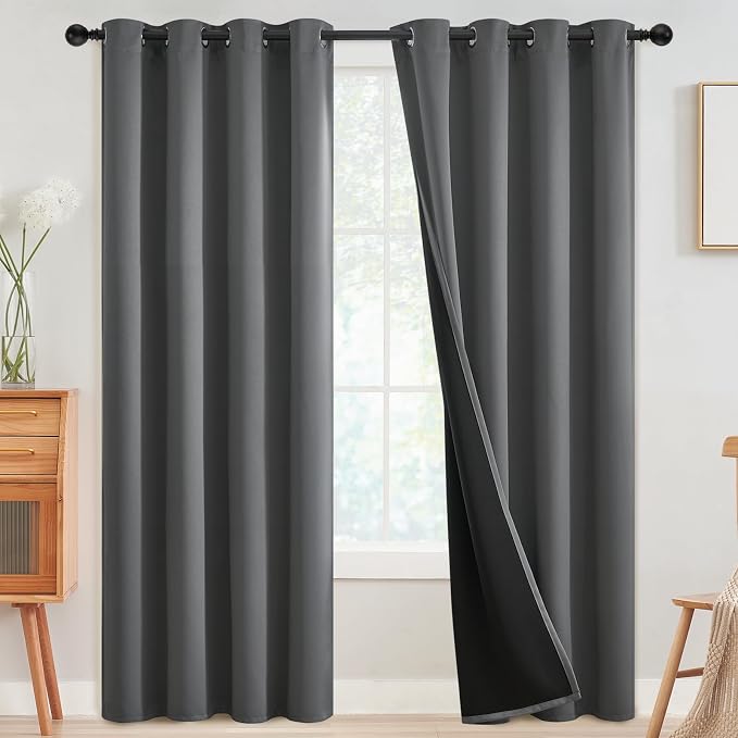 SimpleHome Grey 100% Blackout Curtains Room Darkening Living Room 90 Inch | Curtains for Bedroom,Thermal Insulated Grommet Window Drapes,Curtains for Living Room with Black Back,52 x 90 Inch,2 Panels