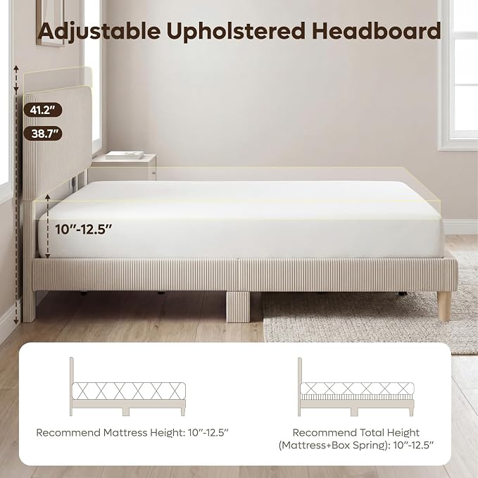 Bestier King Size Bed Frame with Headboard LED Lighting,Upholstered,Beige | Easy Assembly,LED Lighting Headboard,No Squeaks,Vertical Channel Corduroy Upholstered,Wood Slats Support,No Box Spring Needed