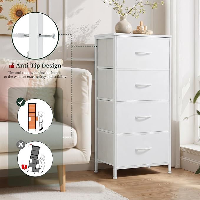 4 Drawers Dresser for Bedroom Fabric Storage Tower with Wooden Top | Steel Frame Tall Chest of Drawers for Closet, Entryway, Dorm, White