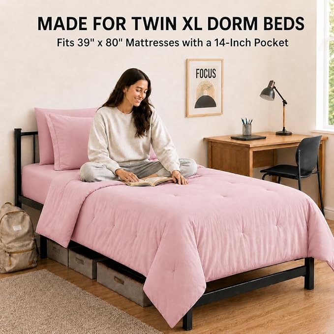 HIMEET Twin XL Comforter Set, 5-Piece Point-Quilted Bed in a Bag, Pink | OEKO-TEX Certified, Lightweight 240 GSM Comforter, Flat Sheet, 14-Inch Deep-Pocket Fitted Sheet, Pillowcase & Sham