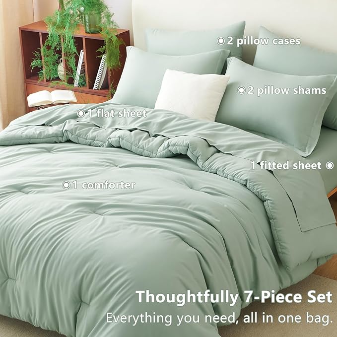King Size Comforter Set Sage Green, 7 Pieces Bed in a Bag | OEKO-TEX Certified, All-Season, Bedroom, 240GSM Down Alternative Comforter, Flat & Fitted Sheets, 2 Pillowcases & 2 Shams