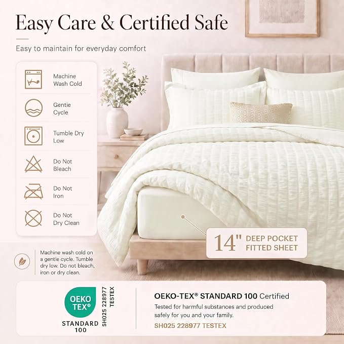 California King Comforter Set 7-Piece Ivory Seersucker Bed in a Bag | OEKO-TEX Certified, Cal King Bedding Sets with 240 GSM Down Alternative Comforter, Flat & Fitted Sheets, Pillowcases & Shams