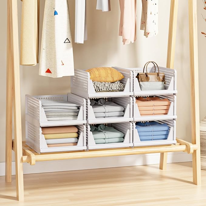 5 Pack Stackable Closet Storage Basket - Stackable Storage Bins | Multifunctional & Foldable Closet Organizer Waterproof, Wardrobe Cupboard Space-Saving Storage Drawer Organizer