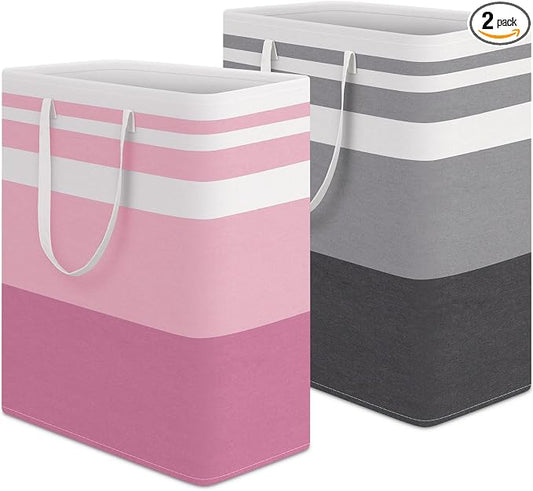 HomeHacks 2 Pack Laundry Baskets, Laundry Hampers Bags (Grey+Pink 125L) | Waterproof, Freestanding, Collapsible Clothes Hamper with Reinforced Handles in Laundry Room, Dorm, Bathroom, Bedroom