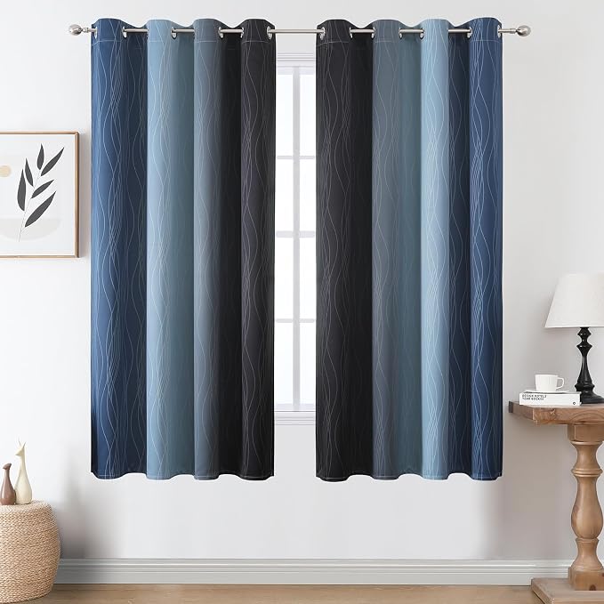 Navy Blue and Black Ombre Blackout Curtains for Bedroom 63 Inch Length | Estelar Textiler Room Darkening,Thermal Insulated,Full Light Blocking,Grommet Window Drapes for Living Room,52Wx63L,2 Panels