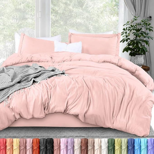 Duvet Cover King, 3 PC Cotton Like Polyester With Zipper Closure, Tea Pink | Extra Soft and Breathable, Wrinkle & Fade Resistant, Includes Duvet Cover and 2 Pillow Shams, Comforter Not Included, OekoTex