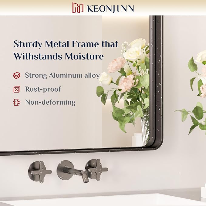 Keonjinn 72 x 36 Inch Black Bathroom Mirror for Over Sink, Tempered Glass | Sandblasted Finish, Matte Black Vanity Mirror, Anti-Rust, Seamless Aluminum Frame, Rounded Rectangle, French Cleat Mount