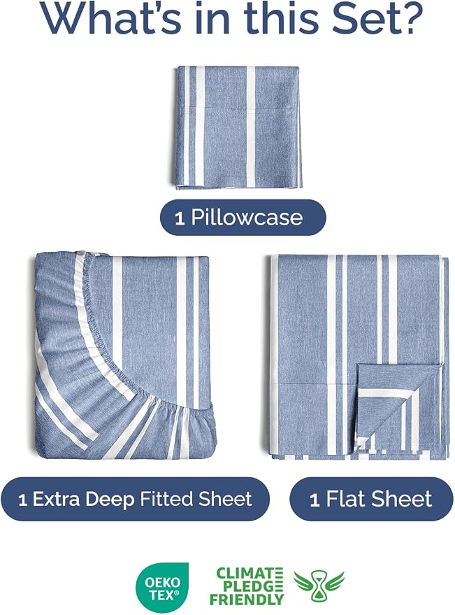 Extra Deep Twin Sheet Set - 3 Piece Breathable & Cooling - Blue Stripes | Easily Fits 18 to 24 inch Mattress - Ultra Soft, Wrinkle & Fade Free with Extra Deep Pockets - Comfy Hotel Luxury Bedding