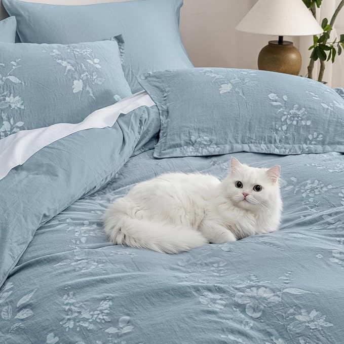PHF Stone-Washed 100% Cotton Duvet Cover Queen Size, 90"x90", Stormy Blue | Elegant Floral Jacquard Woven, Ultra Soft Breathable All Season Bedding Set for Adults, 3pcs with 2 Pillow Shams, No Filling