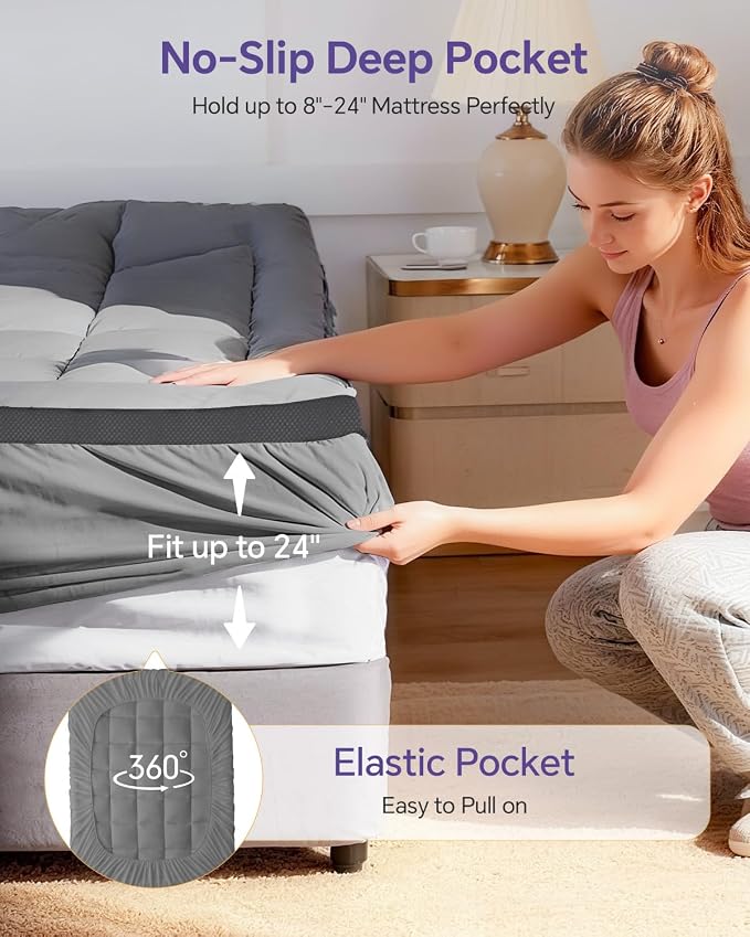Dual Layer 4 Inch Memory Foam Mattress Topper Full | 2 Inch Gel Memory Foam and 2 Inch Pillow Top Mattress Pad for Back to School , 7-Zone Egg Crate & 2-in-1 Design (Grey)