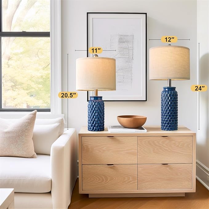 USumkky 24 inches Modern Ceramic Dark Blue Bedside Lamp Set of 2 for Bedroom Decor Farmhouse Table Lamp for Living Room Office Dorm