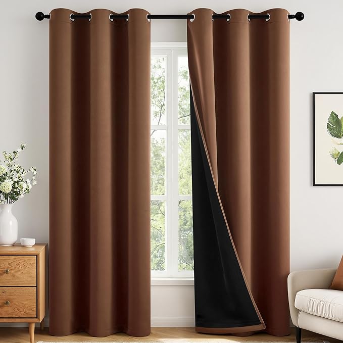 MIULEE Mocha Brown 100% Blackout Curtains for Bedroom 90 Inch Long | 2 Thick Layers Thermal Insulated Window Curtains with Black Liner, Noise Reducing Grommet, Drapes for Living Room, 2 Panels