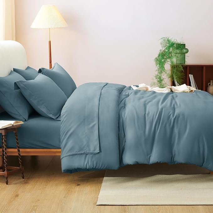 Queen Comforter Set Mineral Blue, 7 Pieces Bed in a Bag | OEKO-TEX Certified, All-Season, Bedroom, 240GSM Down Alternative Comforter, Flat & Fitted Sheets, 2 Pillowcases & 2 Shams