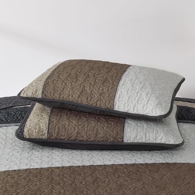Cottolester Quilts Queen Size,Grey Brown Striped Bedspread Coverlet Set | Modern Boho Style,Striped Plaid Design,Ultra Soft Lightweight Microfiber Quilted Bedding Sets for All Seasons 96"x90"
