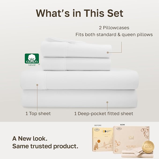 California Design Den Soft 100% Cotton Queen Size Sheets Deep Pocket, 4Pcs | 400 Thread Count Backed by Good Housekeeping Seal, 16" Deep Pocket, All-Around Elastic, Easy Care, 4 Pc Set - Antique White