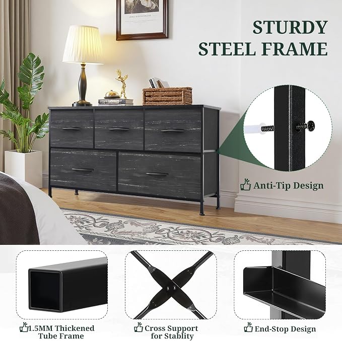5-Drawer Dresser for Bedroom, Anti-Tip Wide Storage Organizer Fabric | Chest of Drawers TV Stand for 45" TV with Wooden Top Metal Frame for Closet, Living Room, Hallway, Entryway, Charcoal Black
