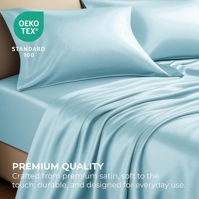 Satin Sheets King [4-Piece, Skyblue] Hotel Luxury Silky Bed Sheets - Extra Soft 1800 Microfiber Sheet Set, Wrinkle, Fade, Stain Resistant - Deep Pocket Fitted Sheet, Flat Sheet, Pillow Cases
