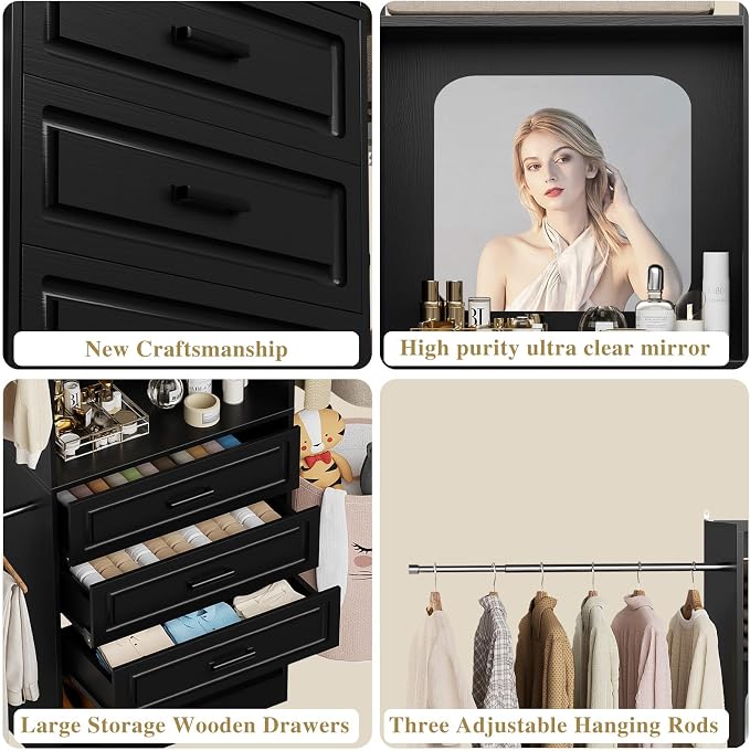 Unikito 6-14FT Wood Closet System with 6 Drawers and Mirror, Black | Sturdy walk-in organizer wardrobe for clothing, clothes rack with 3 hanging rods, freestanding garment storage tower.