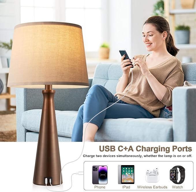 Modern Touch Lamps for Nightstand, 3 Way Dimmable Bedroom Lamp Set of 2 | USB C+A Charging Ports, Brown Bedside Lamps for Bedroom, Living Room, End Table, Bed Side, LED Bulb Included
