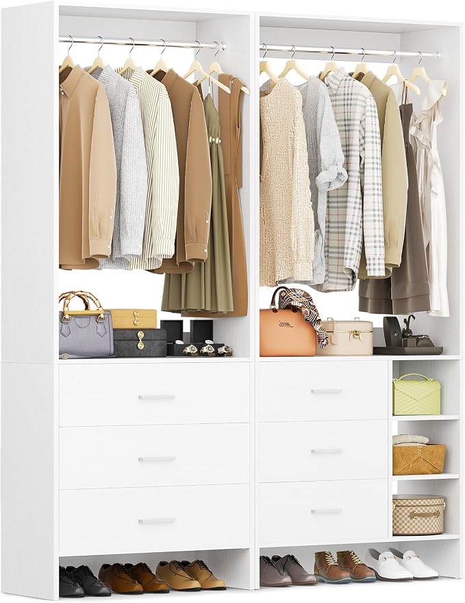 Aheaplus Closet System with 6 Drawers, 4.5ft, Set of 2, White | Wood Closet Organizer System, Walk-in Closet or Small Closets Wardrobe, Clothes Rack with Hanging Rods, Set of 2