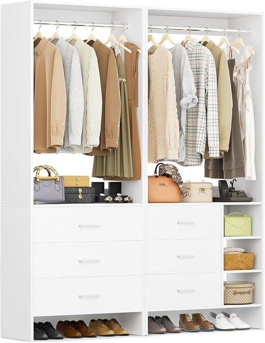 Aheaplus Closet System with 6 Drawers, 4.5ft, Set of 2, White | Wood Closet Organizer System, Walk-in Closet or Small Closets Wardrobe, Clothes Rack with Hanging Rods, Set of 2