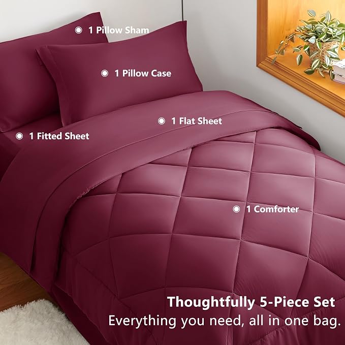 Twin XL Comforter Set with Sheets Burgundy - 5 Pieces Bed in a Bag | College Dorm Essentials, OEKO-TEX Certified, All Season, 240GSM Down-Alternative Comforter, Sheets, Pillowcase & Sham