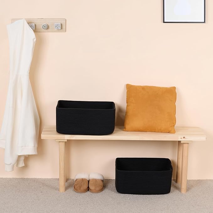 MiniArk Large Storage Baskets for Shelves, 17 x 13 x 7.5” Closet Organizers Bins for Clothes Blanket Towels, Baby Nursery, Toy Baskets Box, Woven Rope Baskets, 3 Packs Black