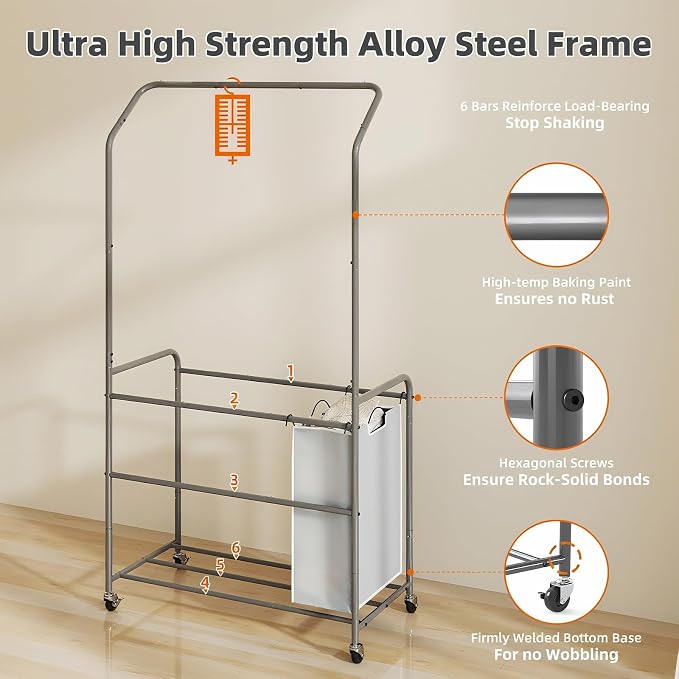 ROMOON Laundry Hamper Sorter Cart, 4 Section Organizer with Hanging Bar | 180L Rolling Laundry Basket with Heavy-duty Lockable Wheels and Clothes Rack for Laundry Room, Closet, Small Spaces, Grey