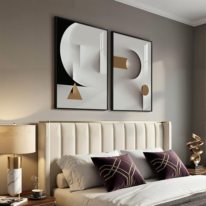 Large Framed Modern Elegant Abstract Wall Art Decor Set of 2, 24x36 In | Geometric, Canvas prints, Black white gold, Minimalist paintings, Living room, Bedroom, Dining room pictures wall decor