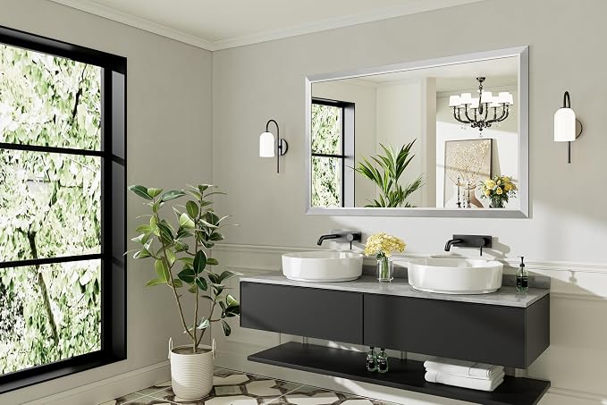 Bathroom Wall Mirror, Silver Brushed Nickel Metal Frame, 55x36 Inch | Anti-rust, HD tempered glass, for bathroom vanity, bedroom, living room, horizontal or vertical mount