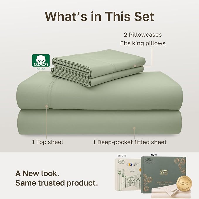 California Design Den 600 Thread Count Deep Pocket King Sheet Set | 100% Cotton Sateen Backed by Good Housekeeping Seal, Soft & Smooth, 16" Deep Pocket, Durable, Easy Care - Laurel Green
