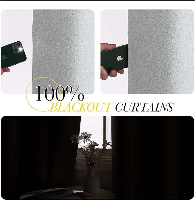 NICETOWN 100% Blackout Faux Linen Curtains for Living Room, Greyish White, W52 x L84, 2 Pieces, Noise Reducing Crisp Faux Linen Light Blocking Shield for Classroom, Dining Room Windows